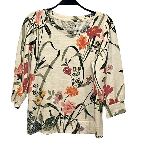 LOFT Floral Puff Shoulder Balloon Sleeves Top S / XS - Picture 3 of 11